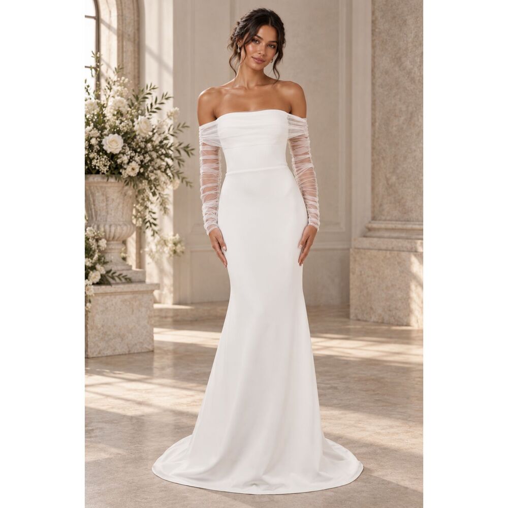 Lulus Beautifully Beloved Wedding Dress White Off the Shoulder Size XS NWT